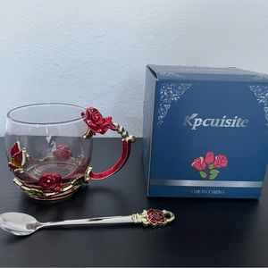 Vintage Glass Tea Cup, Mug with Tea Spoon, Butterfly and Red Rose Enamel Design.